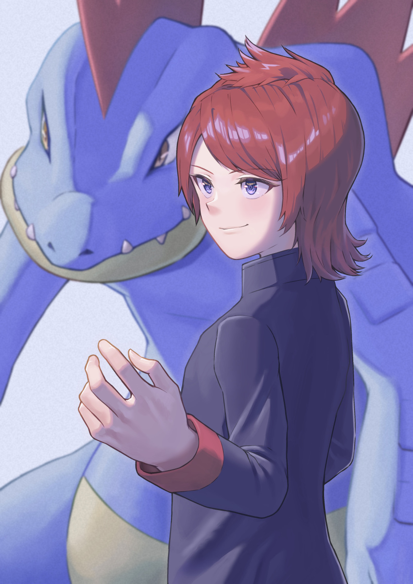 1boy, absurdres, blue_skin, brown_eyes, colored_skin, feraligatr, grey_background, hand_up