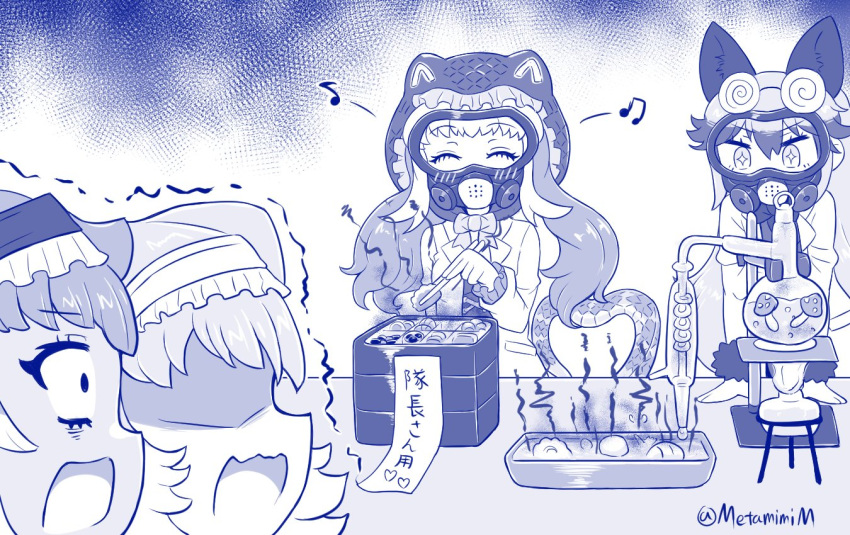 +_+, 4girls, ^_^, animal_ears, bento, blush, bunsen_burner, chemistry, chibi, chinese_water_dragon_(kemono_friends), chopsticks, closed_eyes, coke-bottle_glasses, commentary_request, constricted_pupils, excited, eyewear_on_head, food, fox_ears, frilled_lizard_(ex)_(kemono_friends), frilled_lizard_(kemono_friends), frills, fur-trimmed_sleeves, fur_trim, gas_mask, glasses, hair_between_eyes, headband, holding, holding_chopsticks, kemono_friends, kemono_friends_3, komodo_dragon_(kemono_friends), lab_coat, laboratory, lizard_tail, long_hair, looking_at_another, mask, metamimi, monochrome, multicolored_hair, multiple_girls, mushroom, musical_note, open_mouth, partially_shaded_face, retort_stand, scared, silver_fox_(kemono_friends), tail, tan, trembling, twintails, twitter_username