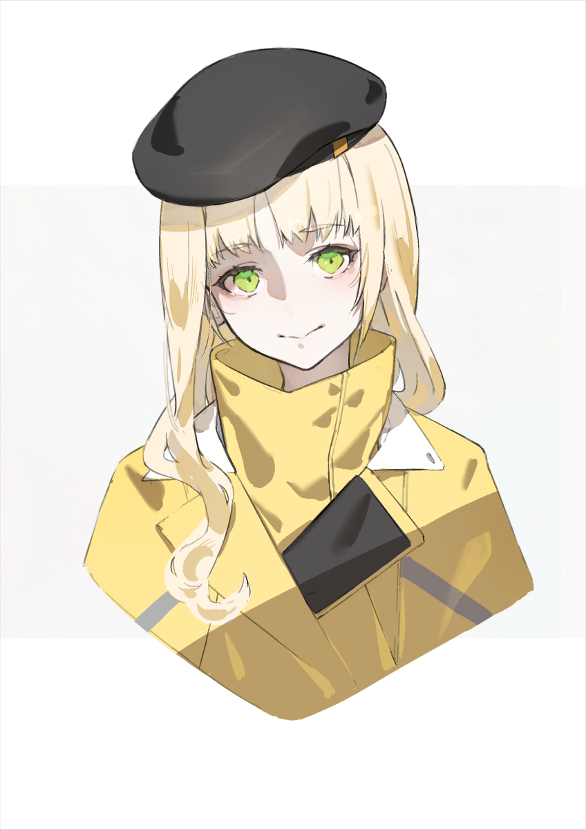 1girl, beret, black_headwear, blonde_hair, ciel_(synduality), commentary, green_eyes, hat