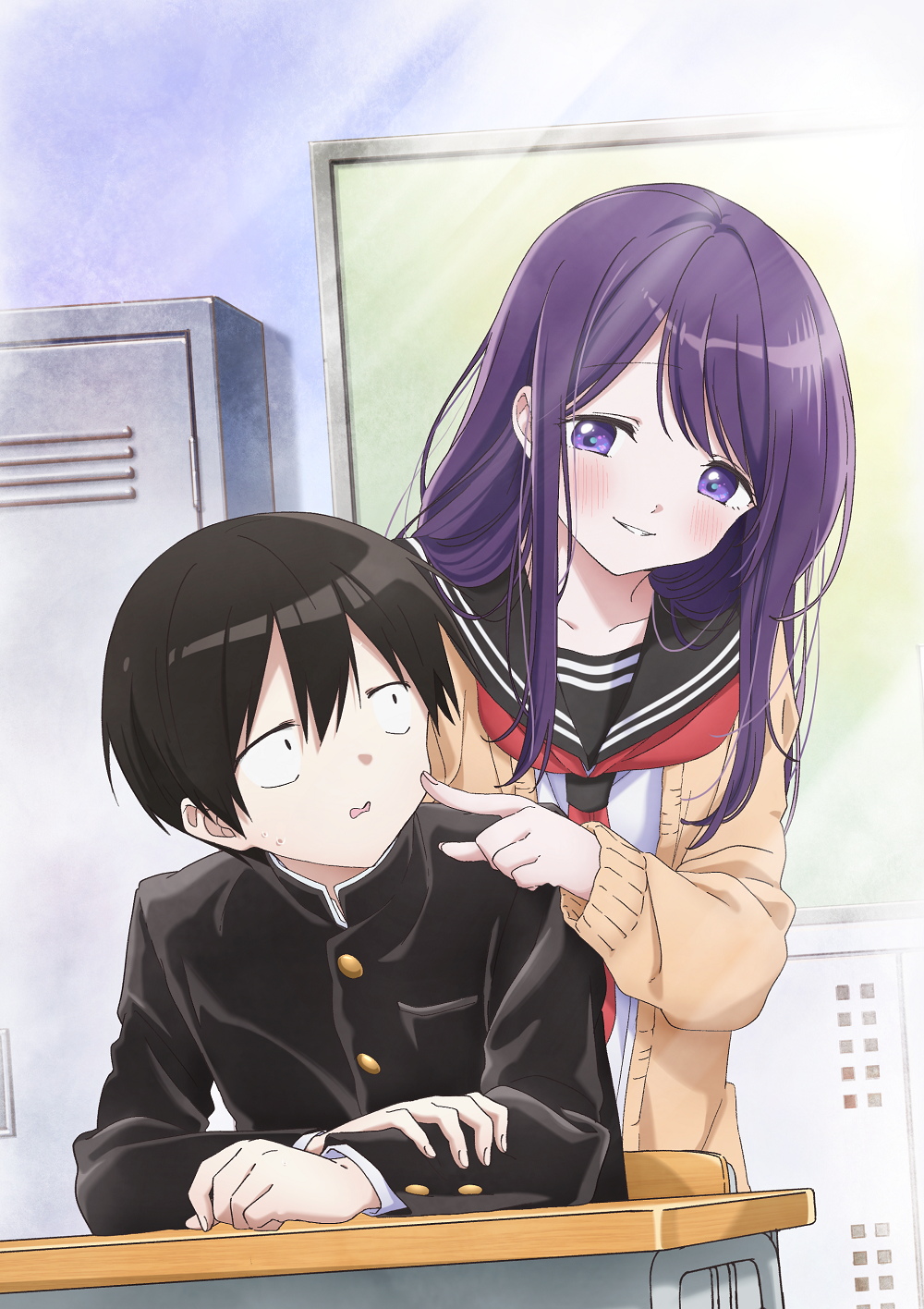 1boy, 1girl, :d, artist_request, black_hair, black_jacket, black_sailor_collar, blush