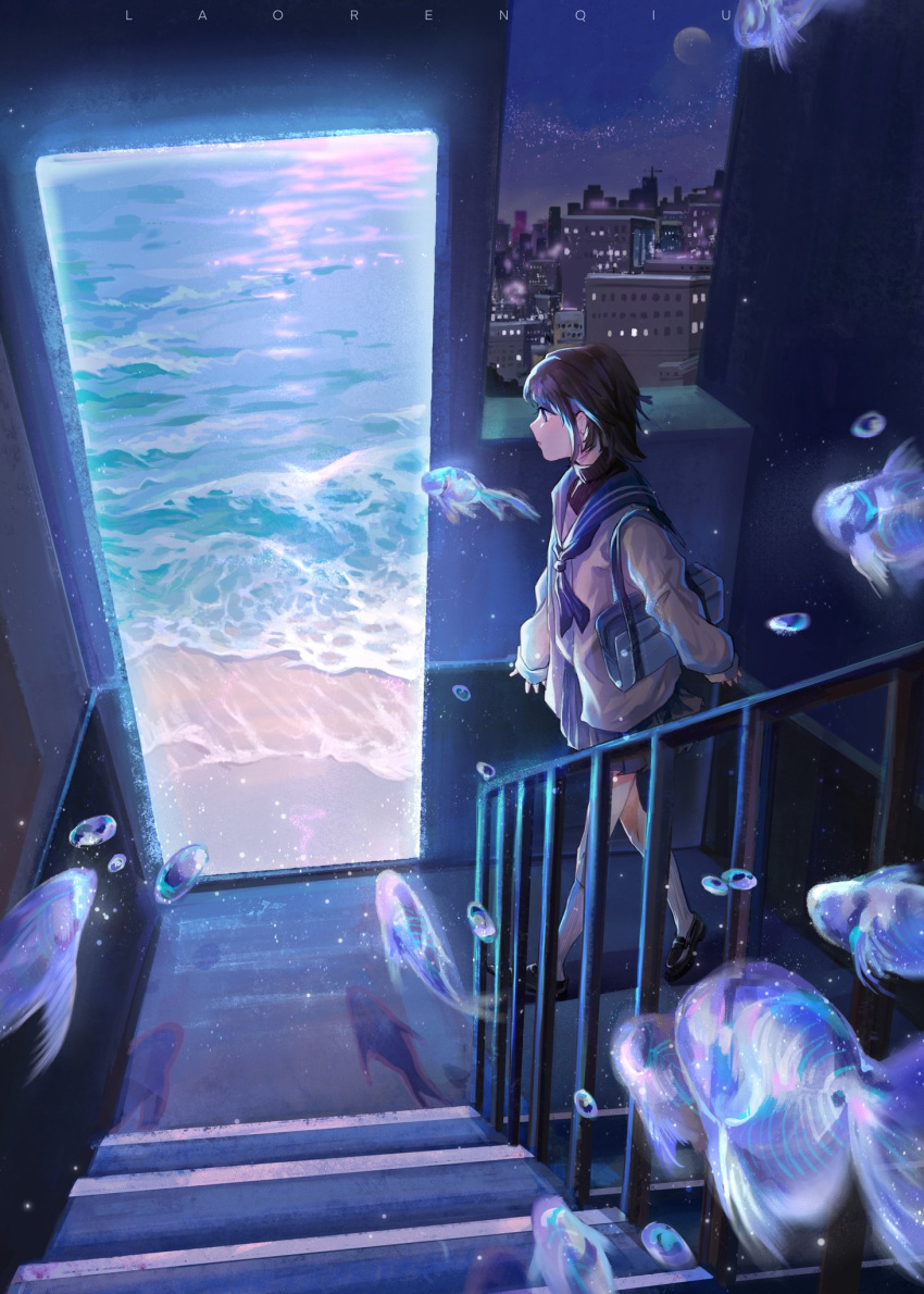 1girl, artist_name, bag, beach, black_eyes, black_footwear, black_hair, blue_bag