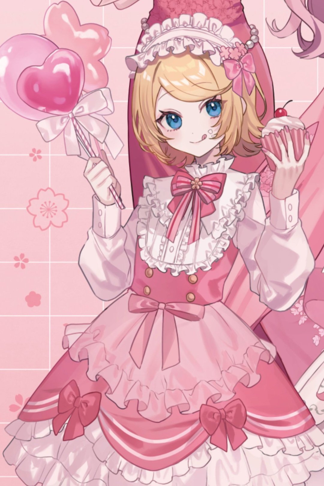 1girl, :p, blonde_hair, blue_eyes, bow, cherry, cherry_blossom_background, cherry_blossoms