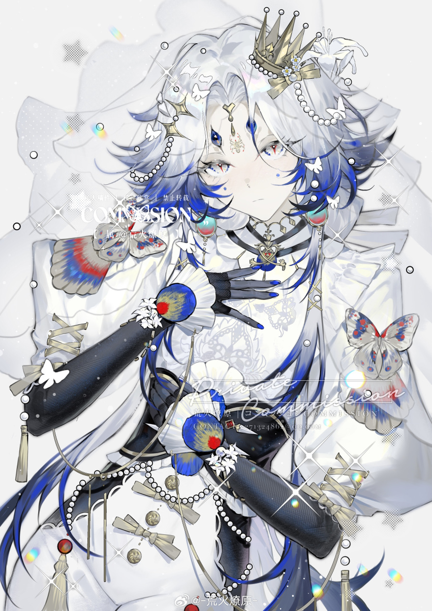1girl, absurdres, beads, black_corset, black_gloves, blue_hair, blue_nails, bow