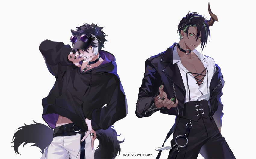 2boys, animal_ear_piercing, animal_ears, aragami_oga, barbell_piercing, belt, black_belt, black_collar