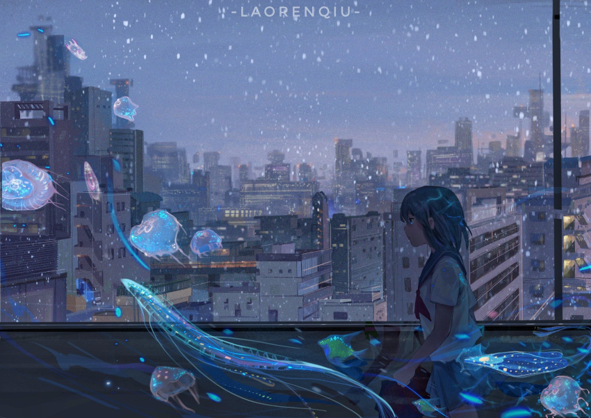 1girl, artist_name, blue_eyes, blue_hair, blue_sailor_collar, blue_skirt, blue_sky, chinese_commentary