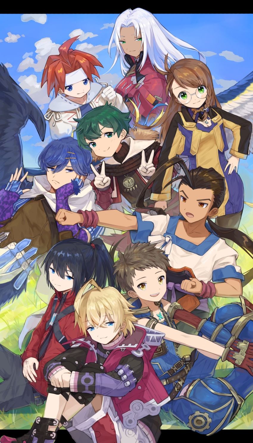 2girls, 6+boys, asagi1111, baten_kaitos, baten_kaitos_origins, blonde_hair, brown_hair, chest_jewel