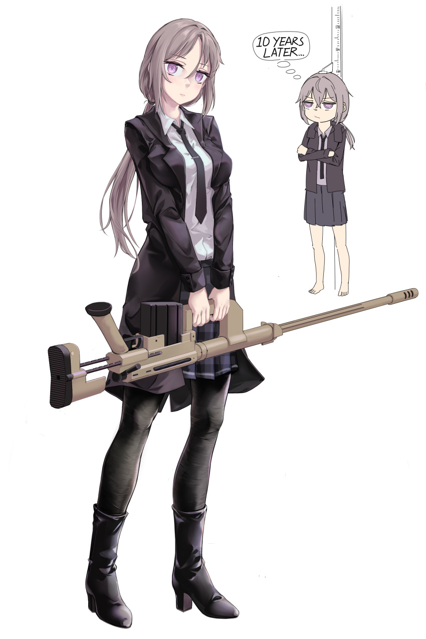 1girl, absurdres, age_comparison, aged_up, barefoot, black_footwear, black_jacket, black_necktie