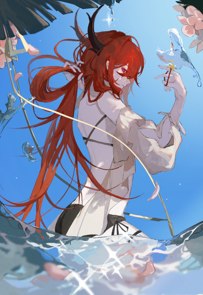 1girl, absurdres, arknights, arm_cutout, backless_outfit, bare_back, bare_shoulders, bikini, black_bikini, black_bikini_bottom, blue_sky, chinese_commentary, commentary, demon_girl, demon_horns, detached_sleeves, flower, from_side, hair_ornament, highres, holding_hair_tie, horns, kneeling, kneeling_on_liquid, kuma_(yoooooooo152), long_hair, looking_at_viewer, median_furrow, official_alternate_costume, palm_leaf, petals, petals_on_liquid, pink_flower, pink_petals, profile, puffy_detached_sleeves, puffy_sleeves, redhead, reflection, reflective_water, side-tie_bikini_bottom, sideways_glance, sky, solo, star_(symbol), star_hair_ornament, surtr_(arknights), surtr_(colorful_wonderland)_(arknights), swimsuit, tying_hair, upper_body, very_long_hair, violet_eyes, water, white_sleeves