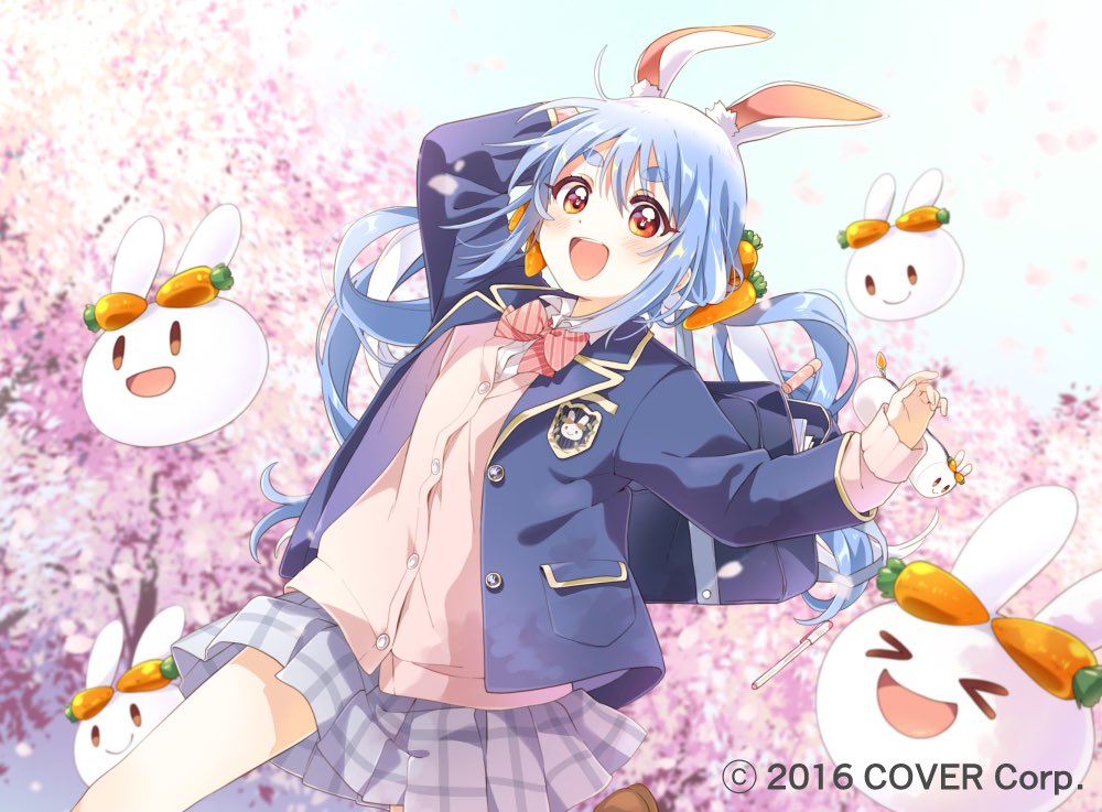 >_<, 1girl, animal_ear_fluff, animal_ears, arm_up, badge, bag, blue_hair