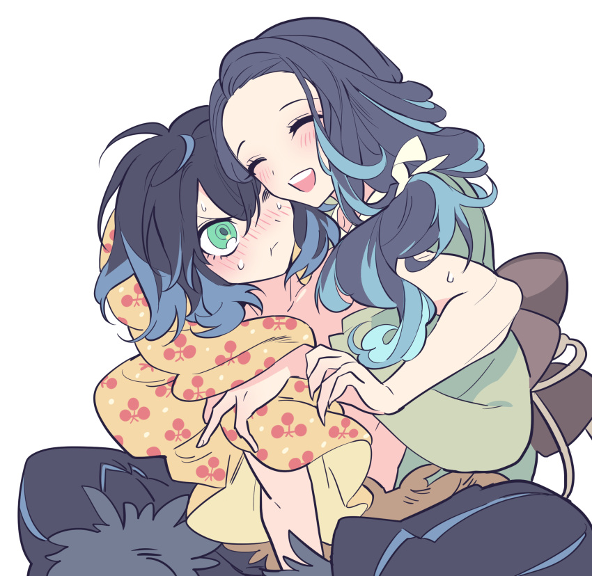 1boy, 1girl, :d, black_hair, black_pants, blue_hair, blush, closed_eyes