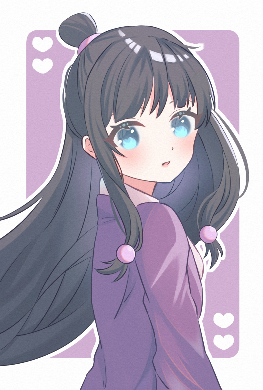 1girl, ace_attorney, beads, black_hair, blue_eyes, blush, dot_nose, floating_hair