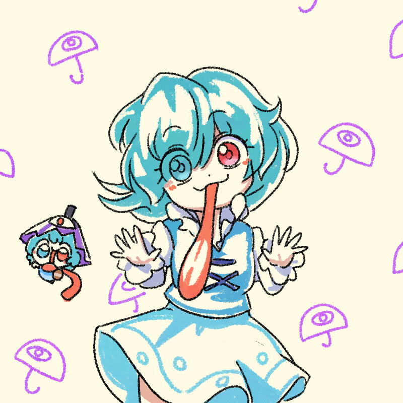 1girl, blue_eyes, blue_hair, chibi, chibi_inset, commentary, cross-laced_clothes, heterochromia, karakasa_obake, long_sleeves, looking_at_viewer, numenoko, red_eyes, shirt, short_hair, skirt, tan_tan_pou, tatara_kogasa, tongue, tongue_out, touhou, umbrella, vest