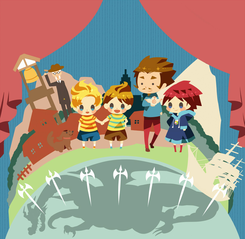 1girl, 4boys, animal, bell_tower, blonde_hair, blue_background, blue_dress, blue_eyes