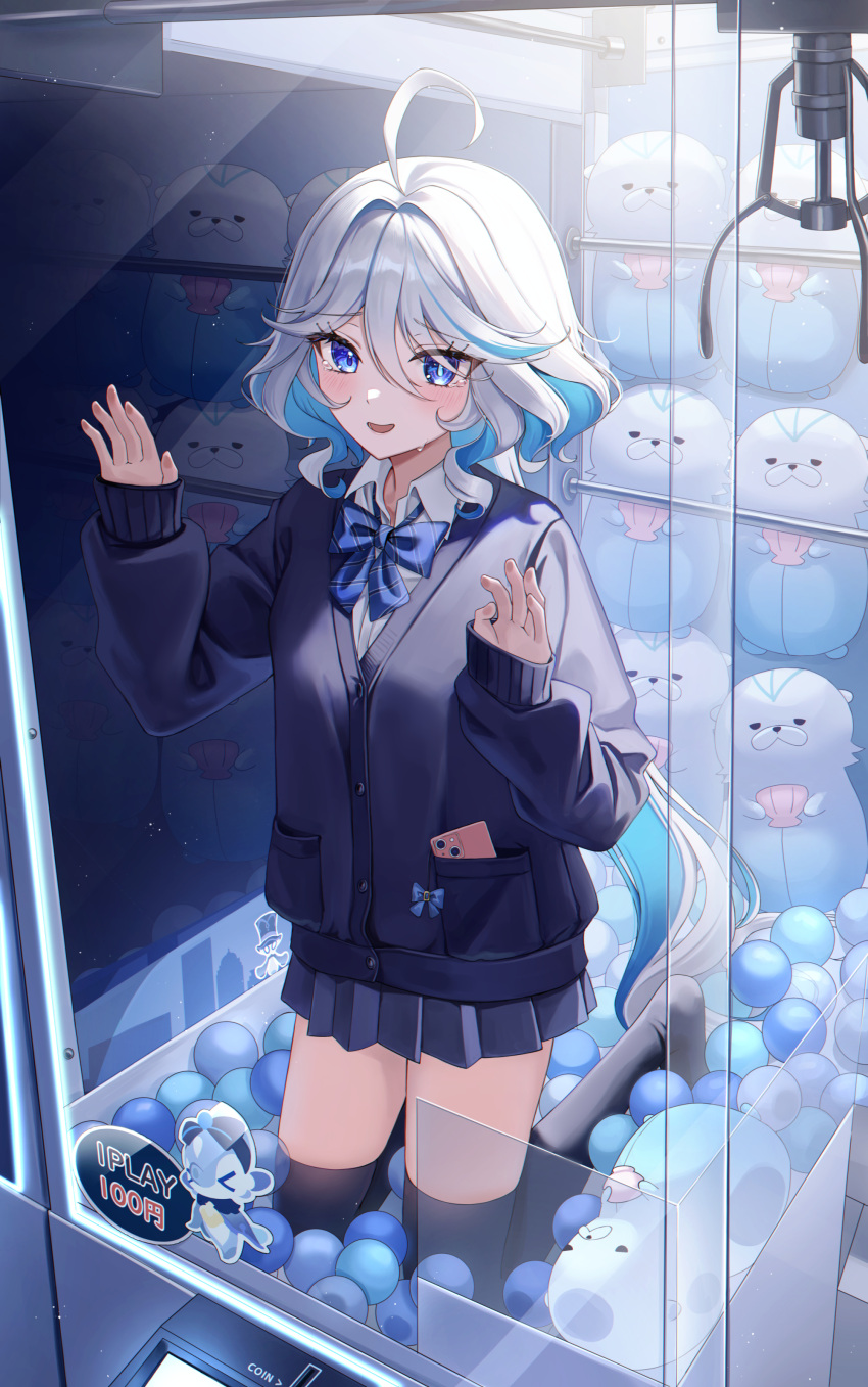 1girl, absurdres, ahoge, alternate_costume, blue_eyes, blue_hair, blue_skirt, blue_sweater