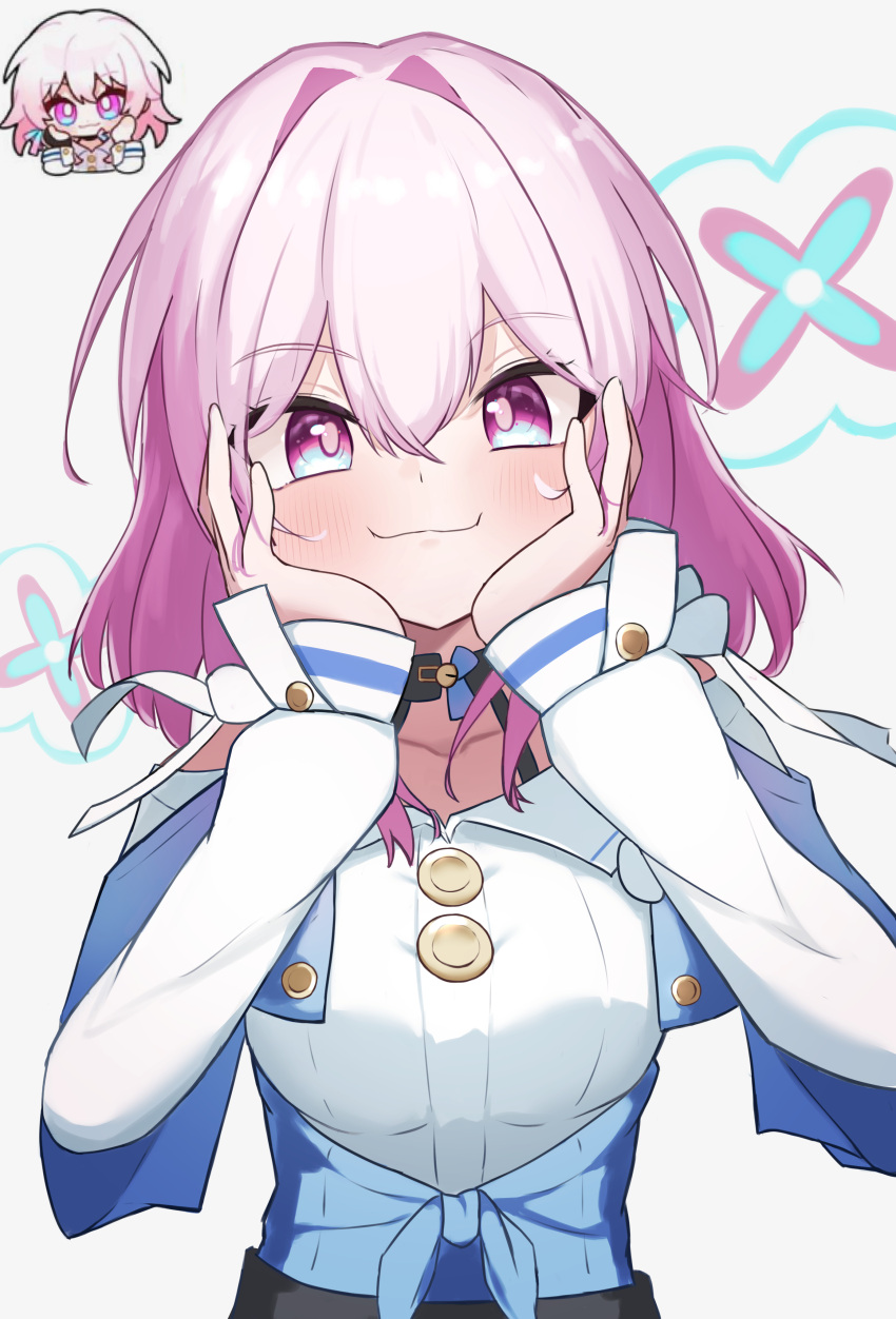 1girl, absurdres, black_choker, blue_eyes, blue_jacket, blush, breasts, buttons, choker, closed_mouth, commentary, dress_shirt, hair_intakes, hands_on_own_cheeks, hands_on_own_face, highres, honkai:_star_rail, honkai_(series), jacket, long_sleeves, looking_at_viewer, march_7th_(honkai:_star_rail), medium_breasts, medium_hair, official_art_inset, pink_eyes, pink_hair, shirt, solo, spiral_(udon), symbol-only_commentary, tied_jacket, two-tone_eyes, underbust, upper_body, white_background, white_shirt