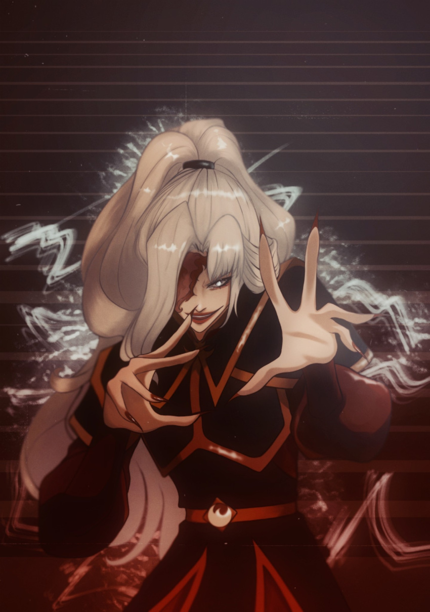 1girl, 7villian7, armor, avatar:_the_last_airbender, avatar_legends, azula, azula_(cosplay), black_nails, blonde_hair, cosplay, cowboy_shot, evil_grin, evil_smile, genshin_impact, grin, highres, red_lips, signora_(genshin_impact), smile, solo, stairs, swept_bangs, tagme, upper_body