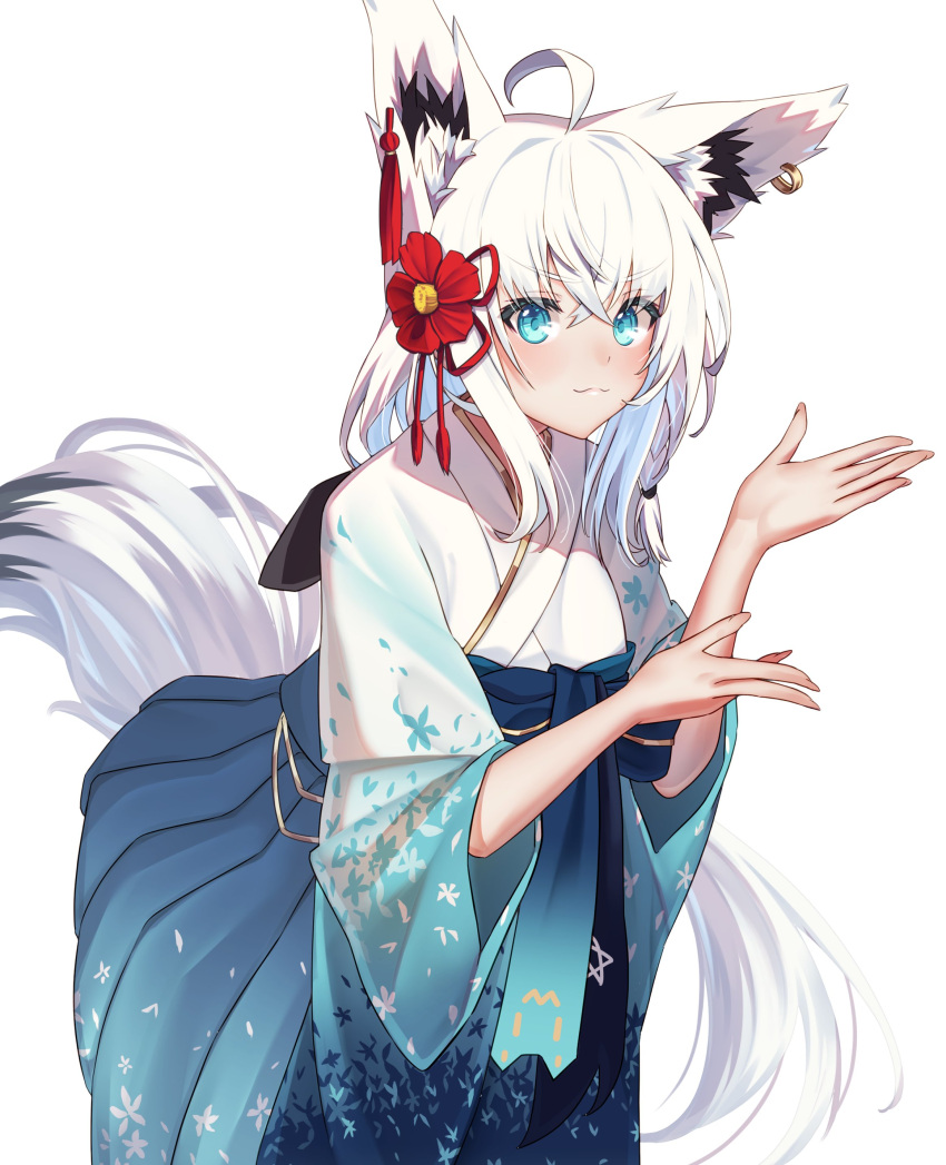 1girl, absurdres, ahoge, animal_ear_fluff, animal_ears, aqua_eyes, blue_hakama, blue_kimono, braid, commentary_request, earrings, flower, flower_knot, fox_ears, fox_girl, gradient_kimono, hair_between_eyes, hair_flower, hair_ornament, hakama, hakama_skirt, high-waist_skirt, highres, hololive, japanese_clothes, jewelry, kanzashi, kimono, long_hair, obi, pentagram, red_flower, sash, shirakami_fubuki, shirakami_fubuki_(new_year), side_braid, sidelocks, single_earring, skirt, solo, ta_shiuji30, tassel, tassel_hair_ornament, very_long_hair, virtual_youtuber, white_background, white_hair, white_kimono