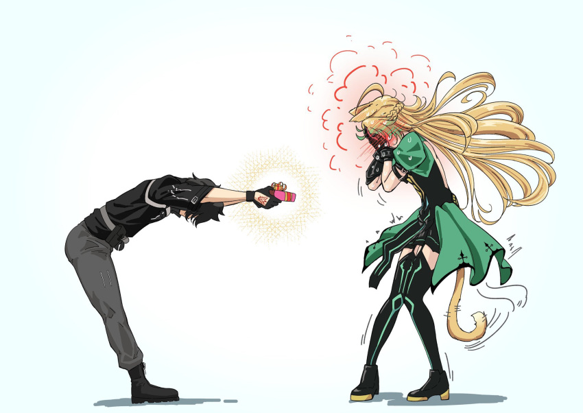 1boy, 1girl, ahoge, atalanta_(fate), black_footwear, black_gloves, black_shirt, black_thighhighs