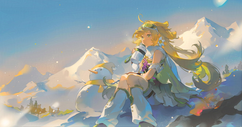 1girl, ahoge, blonde_hair, bottle, character_request, dot_mouth, flower, goggles