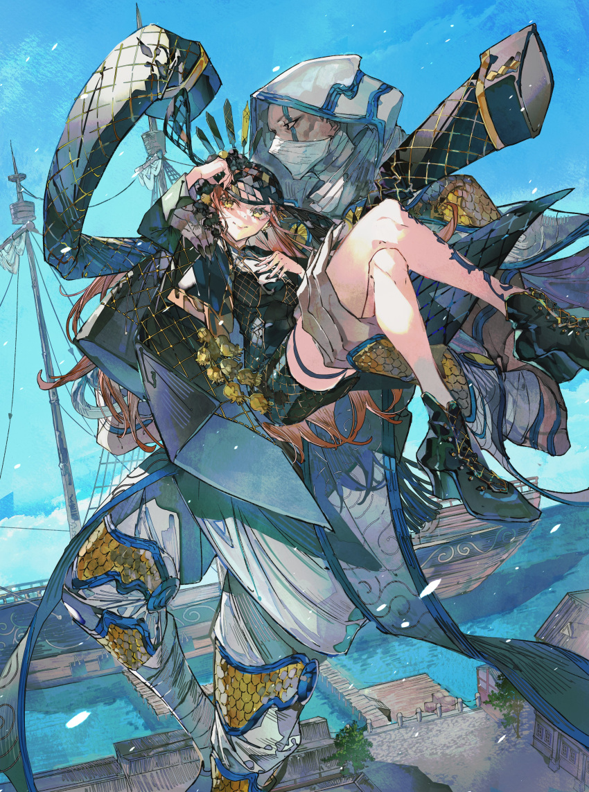 1boy, 1girl, absurdres, ankle_boots, assassin_(fate/samurai_remnant), bandaged_arm, bandaged_leg, bandaged_neck