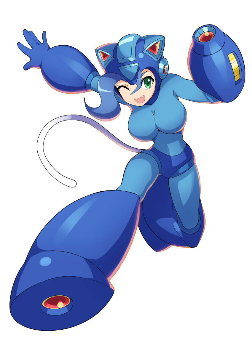 1girl, absurdres, animal_ears, arm_cannon, armor, blue_bodysuit, blue_hair, bodysuit, cat_ear_helmet, cat_ears, commission, cosplay, fang, felicia_(vampire), green_eyes, helmet, highres, mega_man_(character), mega_man_(character)_(cosplay), mega_man_(classic), mega_man_(series), one_eye_closed, open_mouth, shoutaro_saito, solo, vampire_(game), weapon