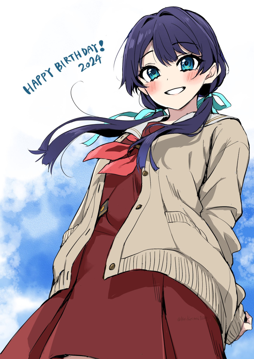 1girl, 2024, aqua_ribbon, arms_behind_back, blue_eyes, blue_hair, blush, brown_dress