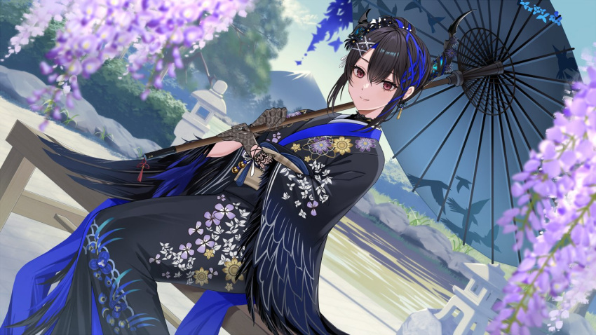 1girl, asymmetrical_horns, black_hair, black_kimono, blue_hair, blush, breasts, colored_inner_hair