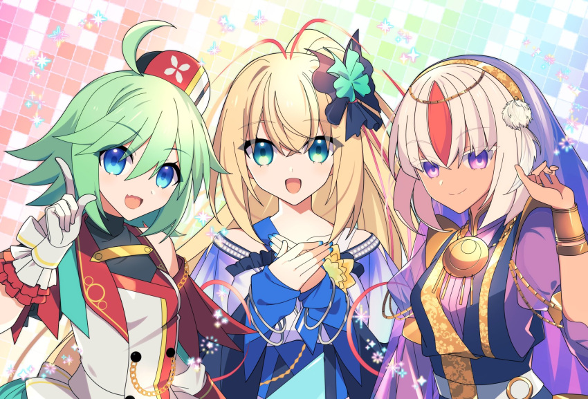 3girls, antenna_hair, azure_striker_gunvolt, azure_striker_gunvolt_2, azure_striker_gunvolt_3, bare_shoulders, blonde_hair, blue_eyes