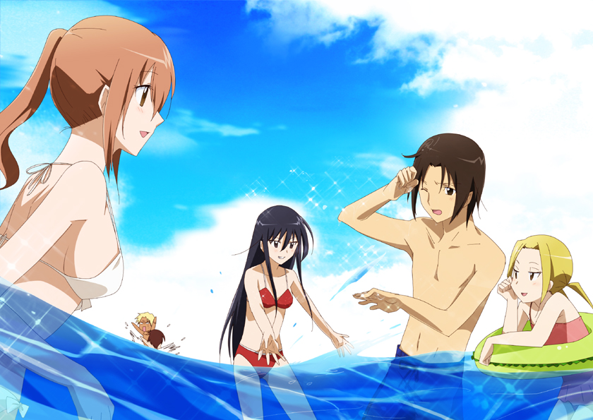 bad_id, black_eyes, black_hair, blonde_hair, brown_eyes, brown_hair, extra, hagimura_suzu, koga_(pasuka), long_hair, midget, ponytail, seitokai_yakuindomo, shichijou_aria, swimsuit, tsuda_takatoshi, twintails, yokoshima_naruko