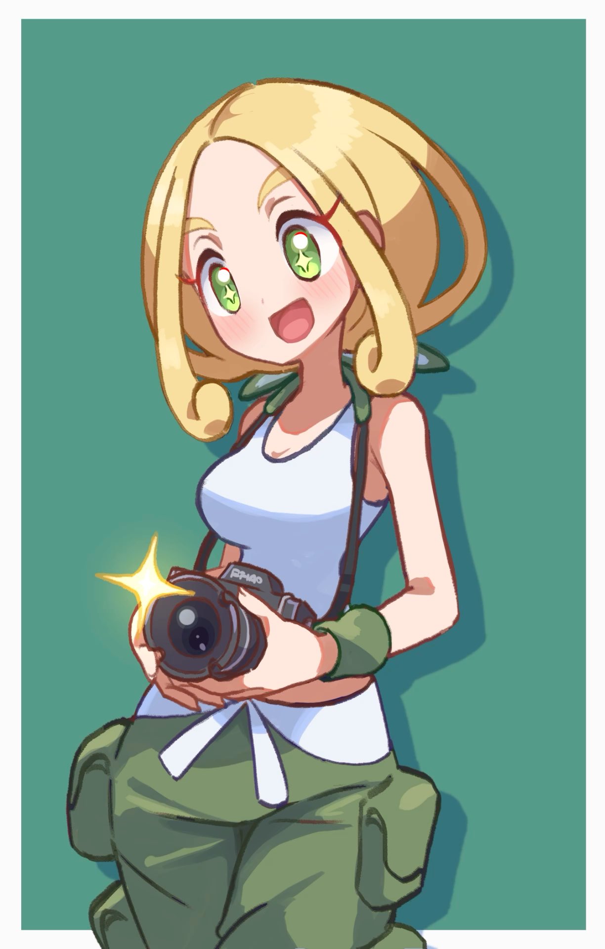 1girl, bare_arms, bare_shoulders, blonde_hair, border, breasts, camera, capri_pants