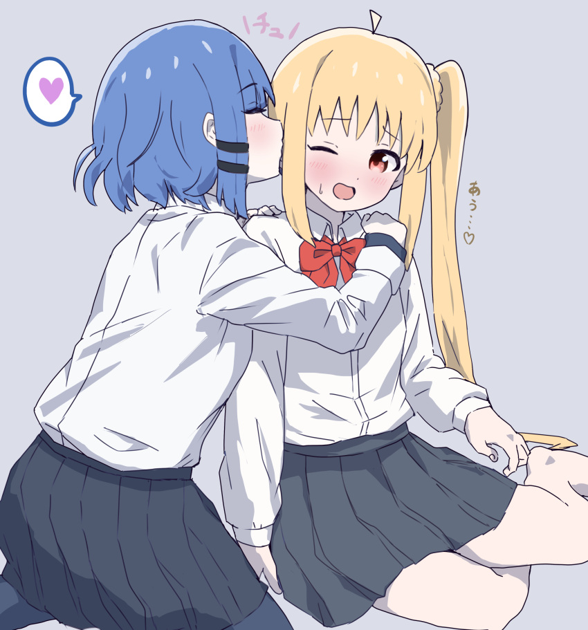 2girls, ahoge, barefoot, black_pantyhose, blonde_hair, blue_hair, blush, bocchi_the_rock!