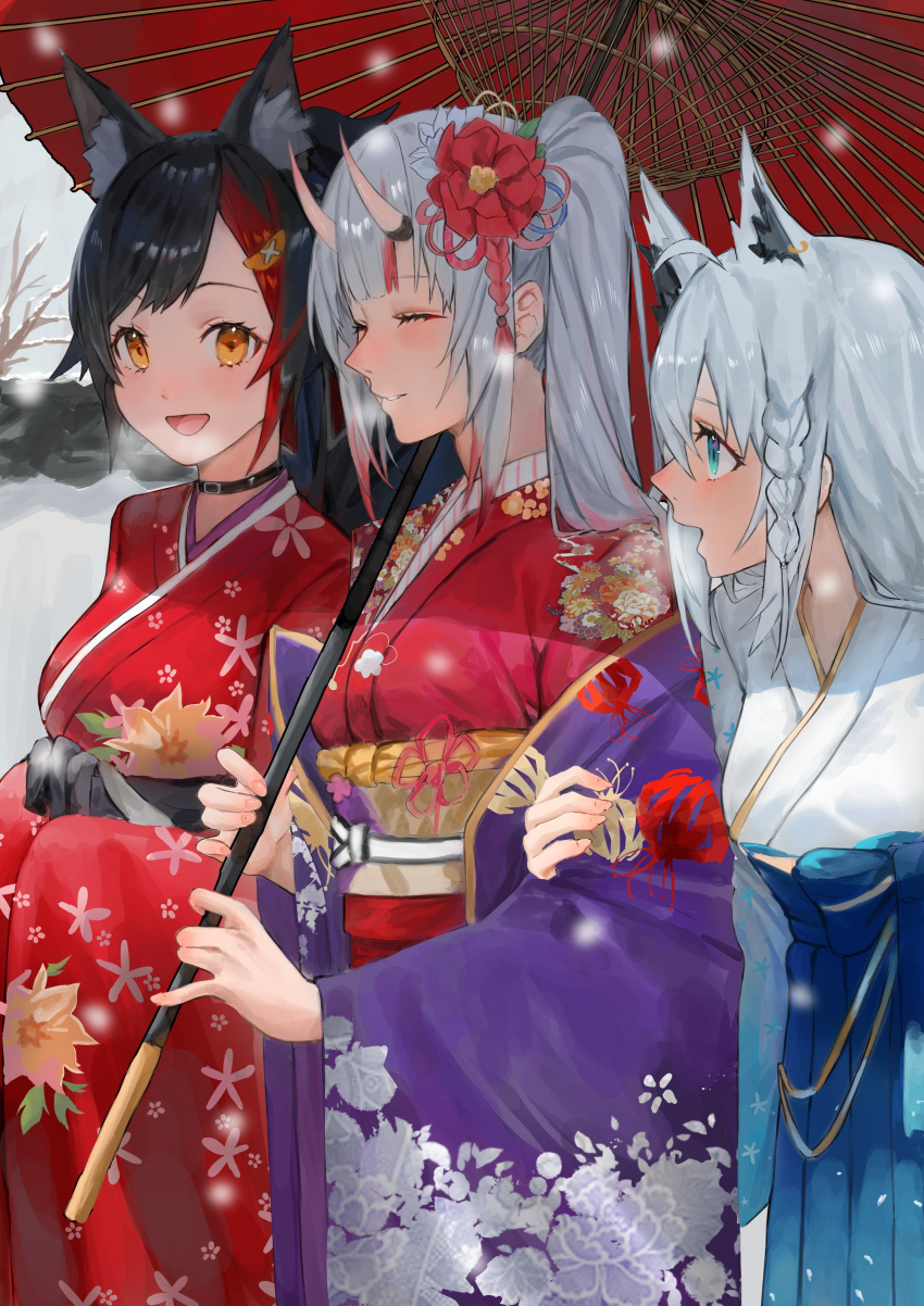 3girls, absurdres, ahoge, amolla28293647, animal_ear_fluff, animal_ears, black_hair, blue_hakama, blue_kimono, blush, braid, floral_print, flower, fox_ears, fox_girl, gradient_kimono, hair_between_eyes, hair_flower, hair_ornament, hakama, hakama_skirt, haori, hatsumoude, highres, hololive, horns, japanese_clothes, kanzashi, kimono, long_hair, multicolored_hair, multiple_girls, nakiri_ayame, nakiri_ayame_(new_year), obi, official_alternate_costume, oni, oni_horns, ookami_mio, ookami_mio_(new_year), print_kimono, red_kimono, redhead, sash, shirakami_fubuki, shirakami_fubuki_(new_year), sidelocks, single_braid, skin-covered_horns, skirt, smile, streaked_hair, virtual_youtuber, white_hair, white_kimono, wolf_ears, wolf_girl, yellow_eyes