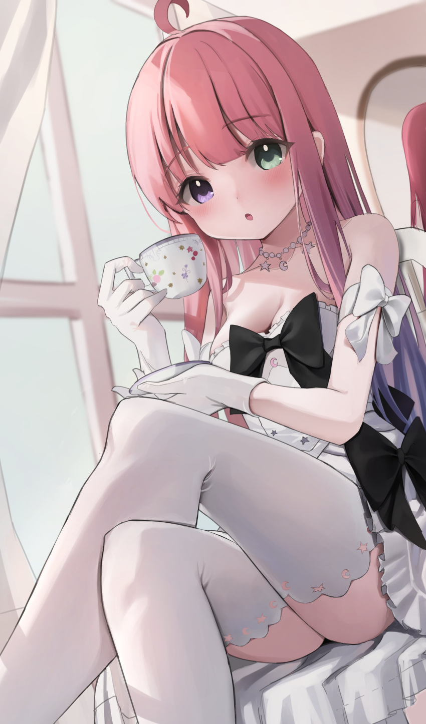 absurdres, ahoge, armband, bare_shoulders, black_bow, blush, bow, crescent