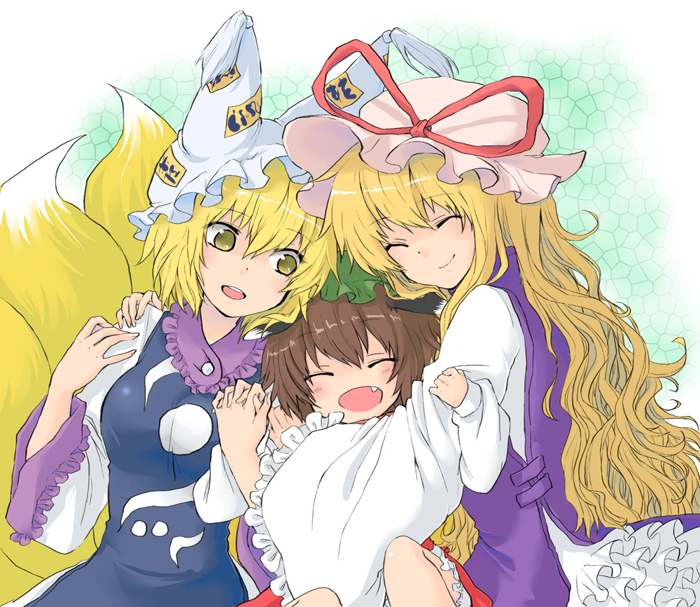 abekawa, blonde_hair, brown_eyes, chen, child, closed_eyes, fang, girl_sandwich