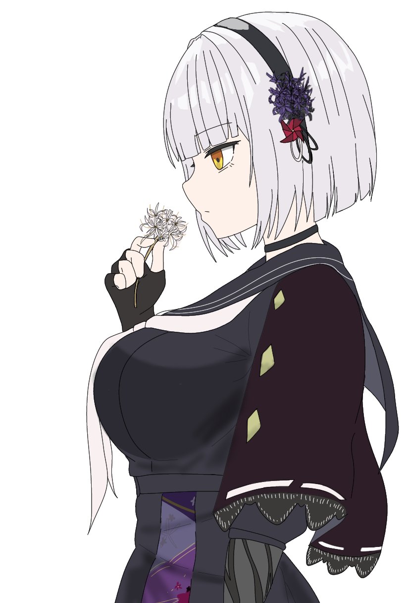 1girl, arm_at_side, assault_lily, black_capelet, black_choker, black_gloves, black_hairband, black_sailor_collar, black_serafuku, black_shirt, black_skirt, blunt_bangs, blunt_ends, bob_cut, breasts, capelet, choker, closed_mouth, commentary_request, elbow_gloves, expressionless, fingerless_gloves, flower, from_side, gloves, grey_hair, hair_flower, hair_ornament, hairband, hand_up, high-waist_skirt, highres, holding, holding_flower, kimassi, kou_no_hana, large_breasts, looking_ahead, neckerchief, profile, purple_flower, sailor_collar, school_uniform, serafuku, shirt, short_hair, short_sleeves, simple_background, skirt, solo, standing, upper_body, white_background, white_flower, white_neckerchief, yellow_eyes