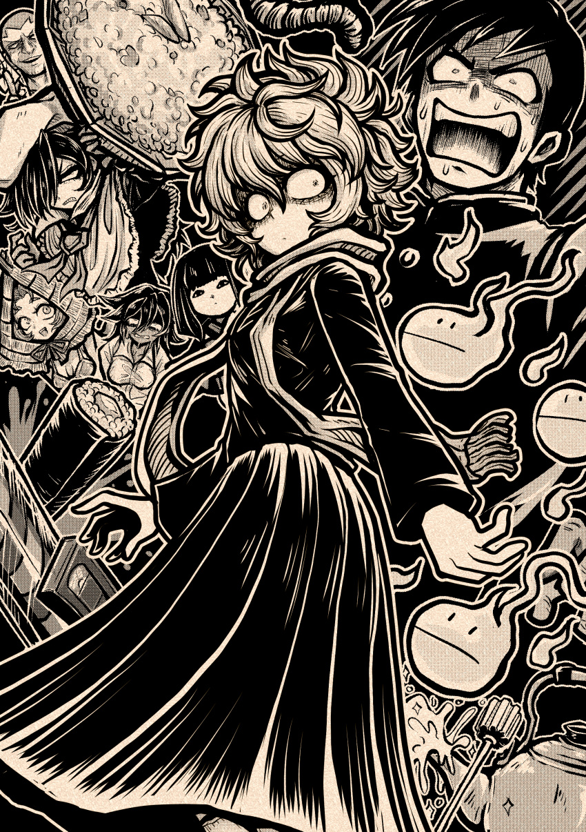 3boys, 4girls, absurdres, bags_under_eyes, character_request, food, greyscale, halftone_texture