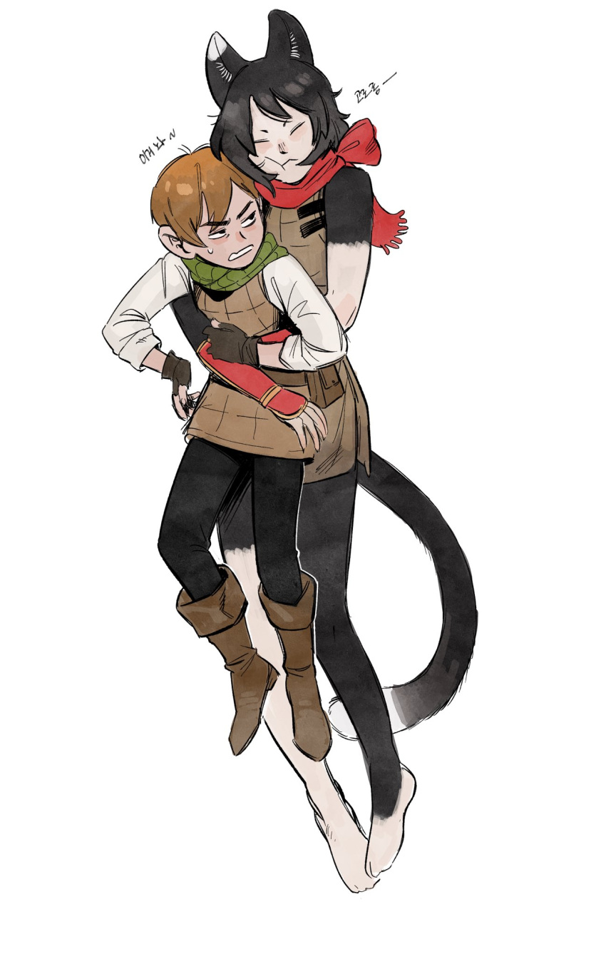 1boy, 1girl, affectionate, animal_ears, arm_guards, armor, barefoot, belt_pouch