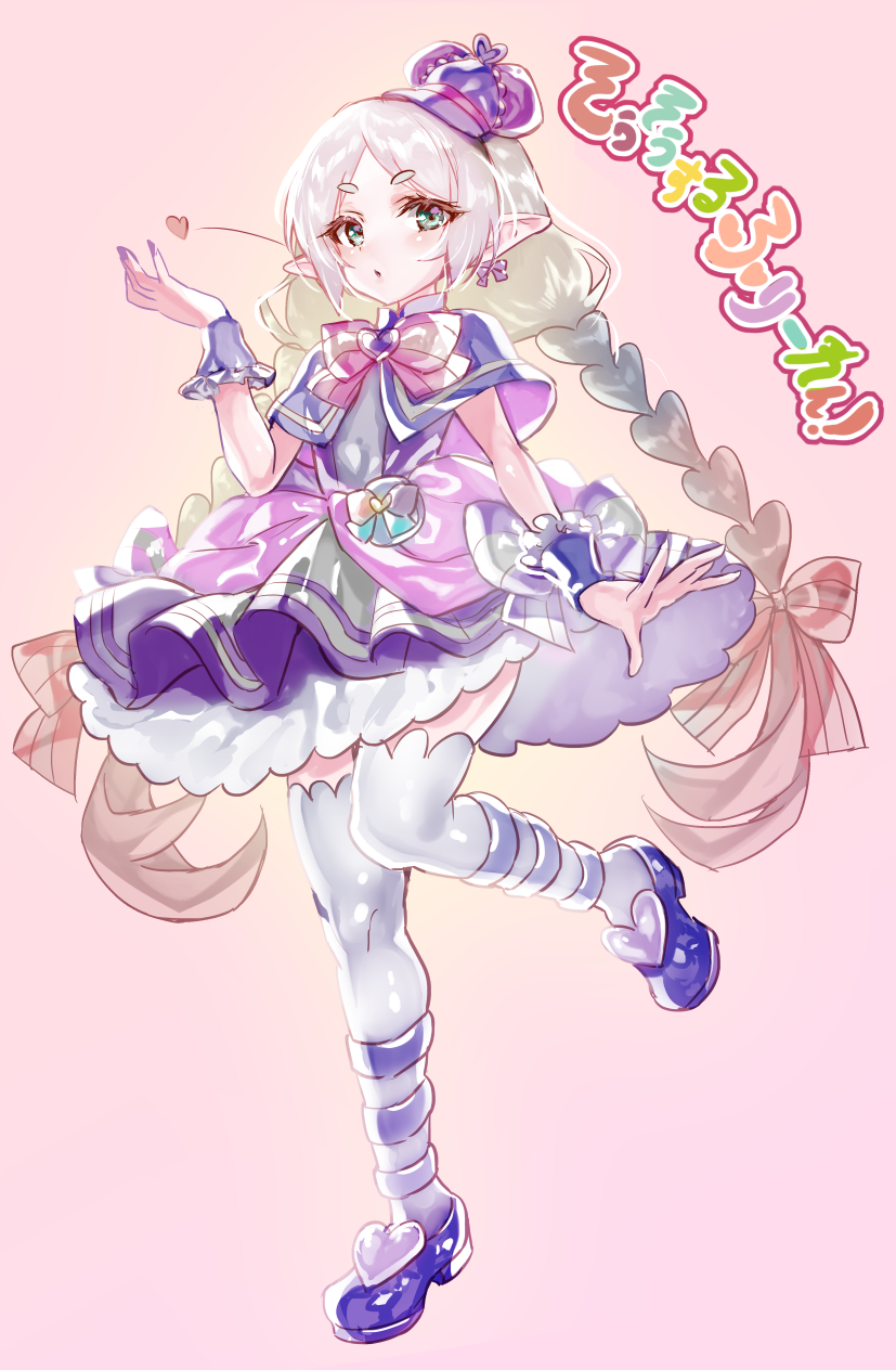 blowing_kiss, bow, bow_earrings, braid, brooch, capelet, cosplay, cure_friendy