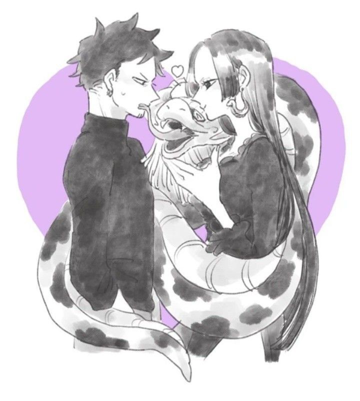 1boy, 1girl, boa_hancock, breasts, closed_mouth, dress, earrings, facial_hair, forked_tongue, goatee, heart, heart_background, jewelry, long_hair, long_sleeves, looking_at_another, monochrome, nanteiiyoru, one_piece, pants, salome_(one_piece), short_hair, skull_on_head, smile, snake, snake_earrings, standing, sweatdrop, tongue, tongue_out, trafalgar_law, very_long_hair