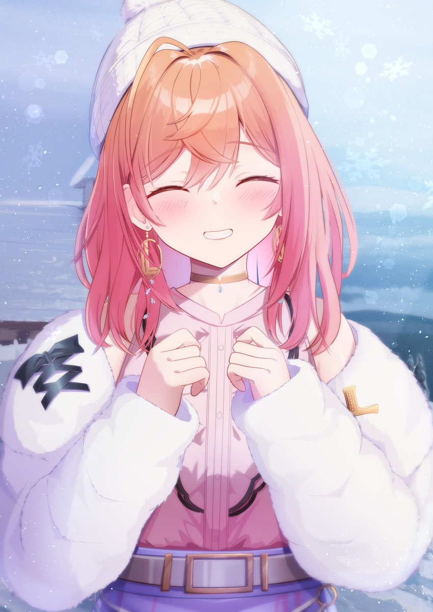 1girl, absurdres, ahoge, akuame_(ring3922), belt, closed_eyes, earrings, fur_jacket