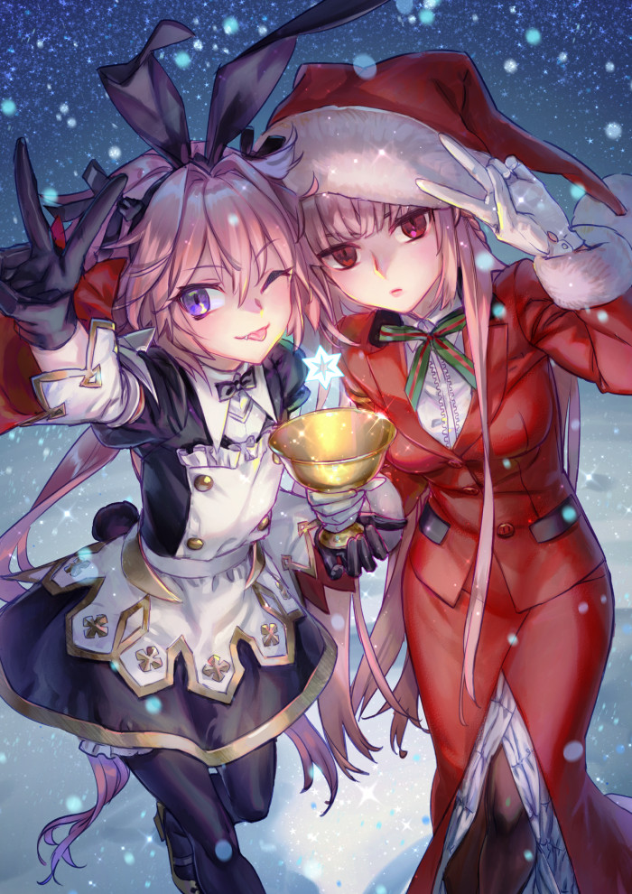 1boy, 1girl, animal_ears, astolfo_(fate), astolfo_(saber)_(fate), astolfo_(saber)_(third_ascension)_(fate), black_bow, black_bowtie