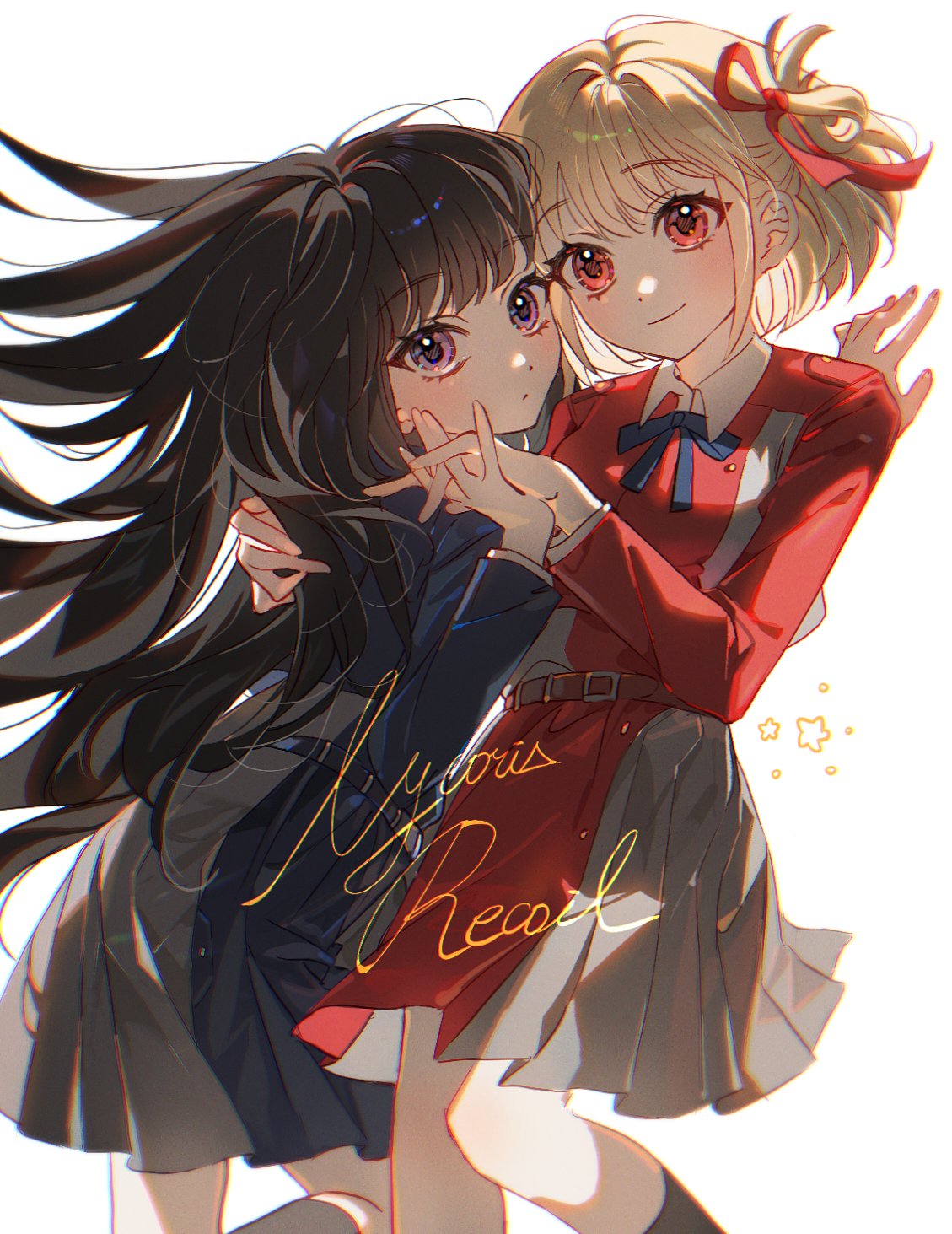 2girls, bccommi, belt, black_hair, black_socks, blonde_hair, blue_belt, blue_dress, blue_ribbon, blush, brown_belt, chromatic_aberration, closed_mouth, collared_shirt, commentary, couple, dress, floating_hair, grey_dress, hair_ribbon, hand_in_another's_hair, highres, inoue_takina, interlocked_fingers, invisible_wall, kneehighs, long_hair, long_sleeves, looking_at_viewer, lycoris_recoil, multiple_girls, neck_ribbon, nishikigi_chisato, one_side_up, pleated_dress, red_dress, red_eyes, red_ribbon, ribbon, shirt, short_hair, sidelocks, simple_background, socks, sunlight, two-tone_dress, violet_eyes, white_background, white_shirt, yuri