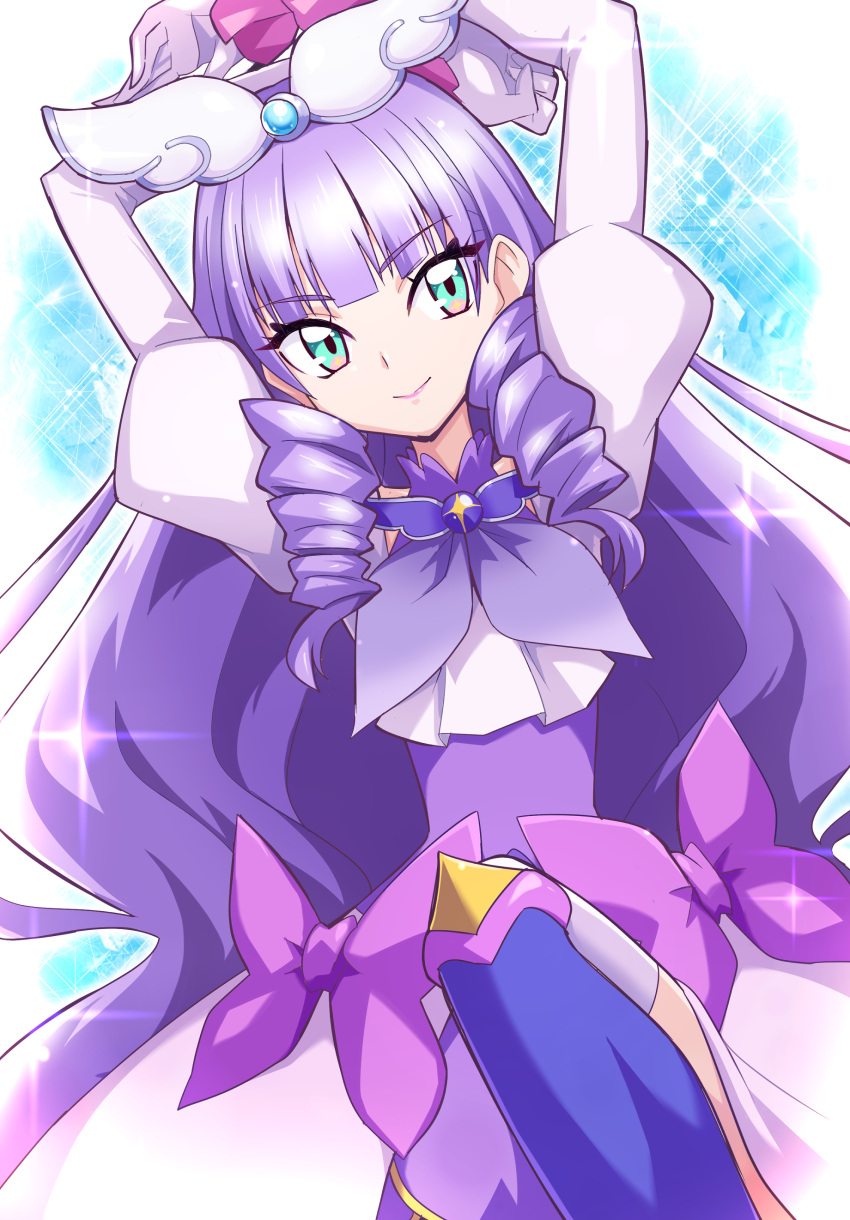 1girl, absurdres, arms_up, blue_background, bow, closed_mouth, cure_noble, dress