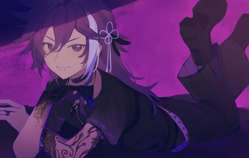 1boy, absurdres, arm_tattoo, banzoin_hakka, belt_choker, black_footwear, black_shirt, closed_mouth