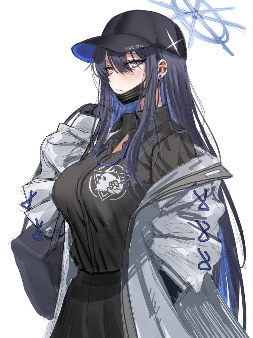 baseball_cap, black_gloves, black_hair, black_shirt, black_skirt, blue_archive, blue_hair, blue_halo