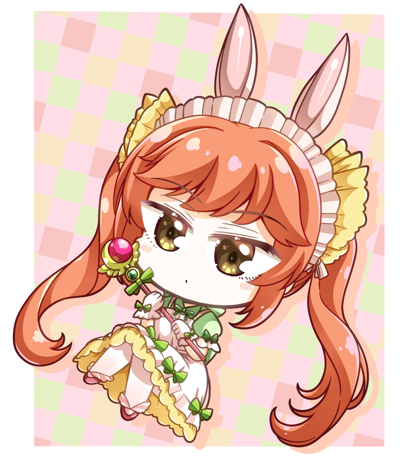 1girl, absurdres, animal_ears, bow, brown_hair, cosplay, dress, frills, gloves, green_bow, highres, holding, holding_wand, inui_sajuna, lace-trimmed_dress, lace_trim, light_blush, looking_at_viewer, maid_headdress, puffy_short_sleeves, puffy_sleeves, rabbit_ears, shiroimaru, short_sleeves, simple_background, solo, sono_bisque_doll_wa_koi_wo_suru, wand, yellow_eyes