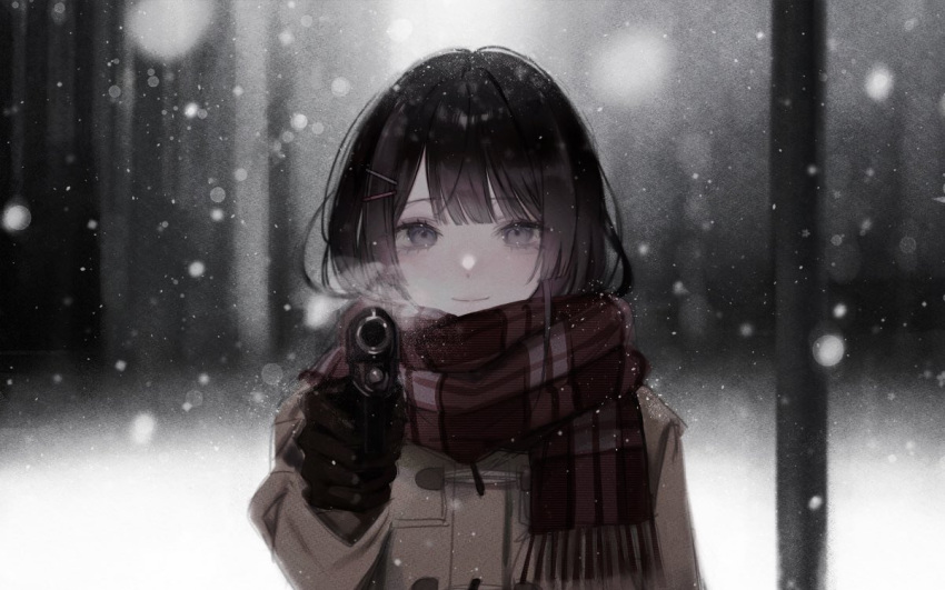 1girl, aiming, aiming_at_viewer, black_gloves, blunt_bangs, blurry, blurry_background, blurry_foreground