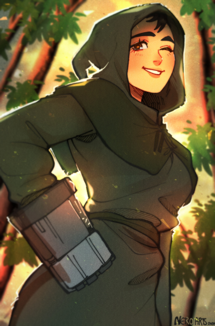 1girl, 2020, artist_name, black_hair, breasts, cowboy_shot, dated, fallout_(series), green_tunic, hand_on_own_hip, highres, hood, hood_up, leaf, light_blush, looking_at_viewer, medium_breasts, nero_arts, one_eye_closed, parted_lips, power_fist, short_hair, smile, solo, sunlight, teeth, tree, veronica_santangelo