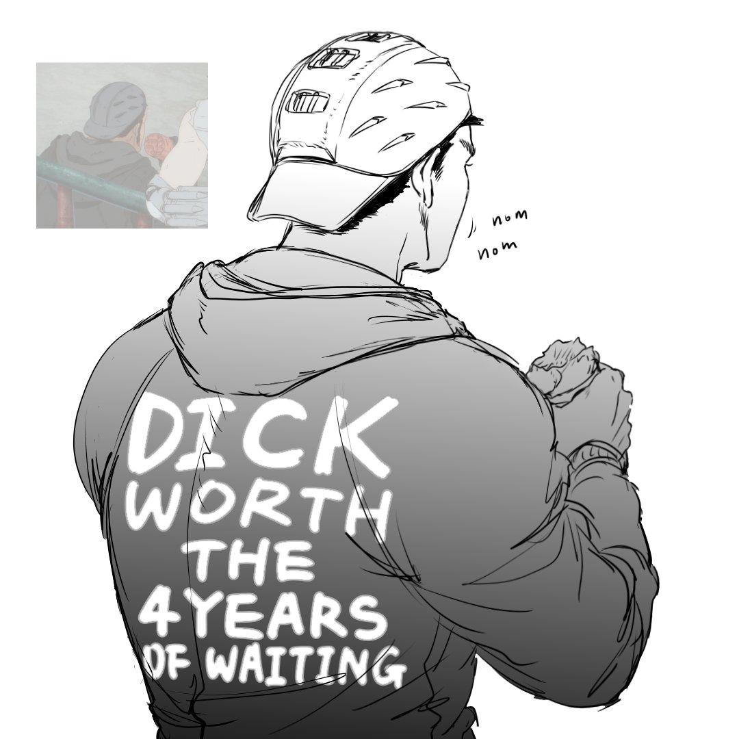 1boy, aikawa_(dorohedoro), back, back_focus, backwards_hat, baseball_cap, clothes_writing, derivative_work, dick_shirt, dorohedoro, eating, food, from_behind, gloves, hat, hood, jade_drop, male_focus, reference_inset, sandwich, screencap_redraw, short_hair, solo, upper_body
