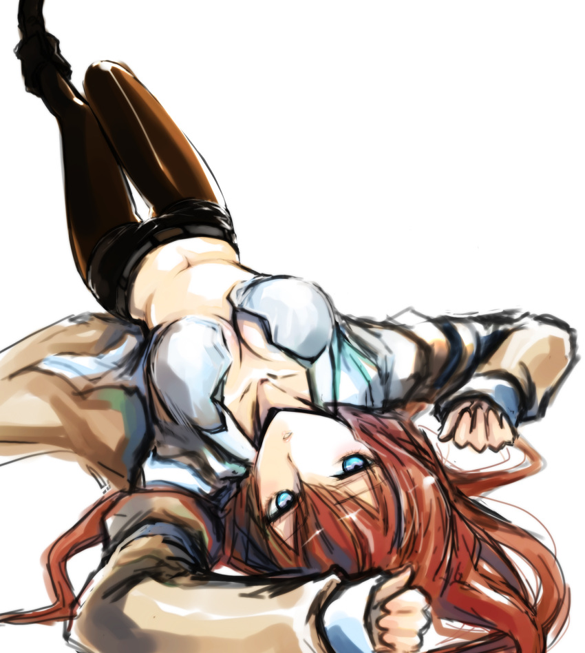 breasts, brown_hair, cleavage, foreshortening, highres, jacket, legwear_under_shorts, lying
